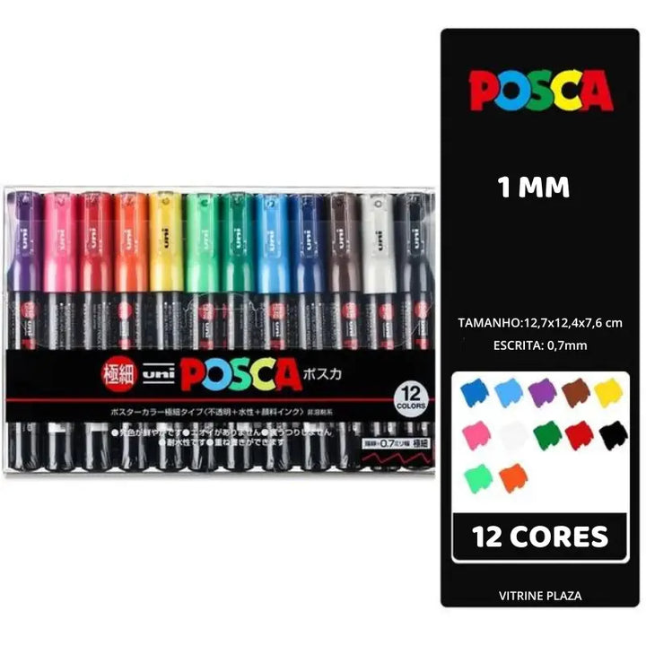 Kit caneta posca com ponta de 1mm com 12 cores - vitrine plaza