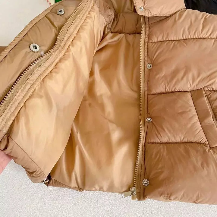 Jaqueta-puffer-infantil-masculina-marrom-touca-reforçada-lore-de-algodão-Vitrine-Plaza