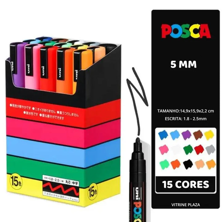 Kit caneta posca 5mm com 15 cores - vitrine plaza