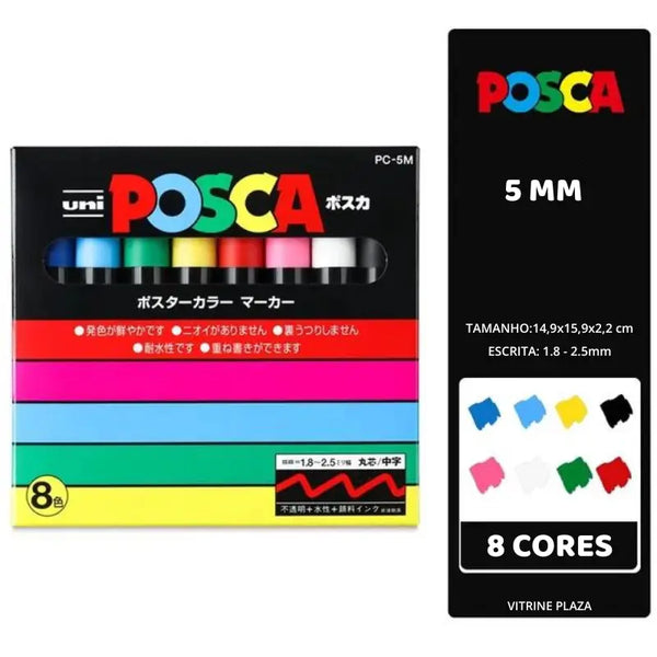 Kit caneta posca 5mm com 8 cores - vitrine plaza