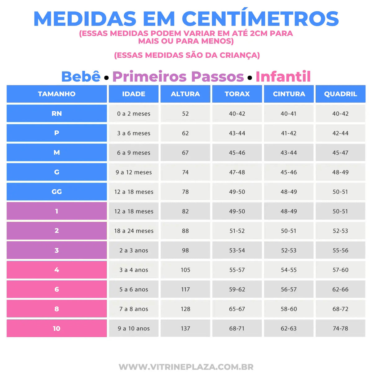 Tabela de medidas da coleção