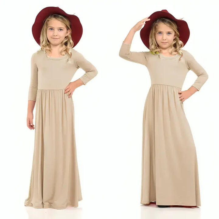 Vestido-longo-infantil-bege-Vitrine-Plaza