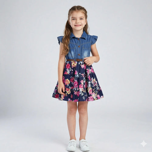 Vestido Jeans Infantil Floral Luara