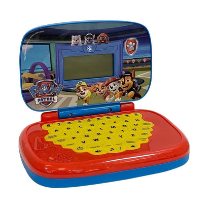 Notebook-infantil-Patrulha-Canina-aberto-com-teclado-amarelo-Vitrine-Plaza