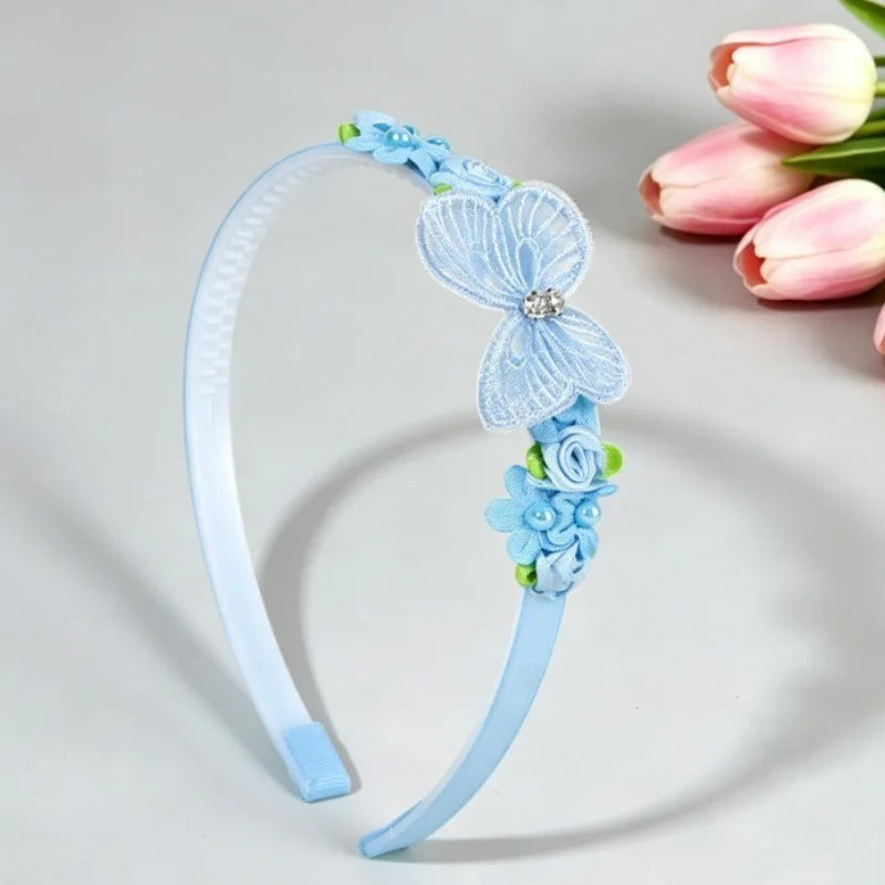 Tiara infantil azul com borboleta e flores aplicadas Vitrine Plaza