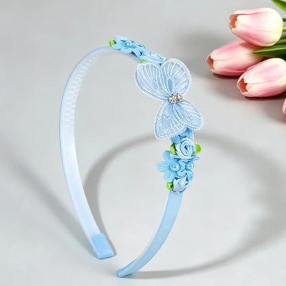 Tiara infantil azul com borboleta e flores aplicadas Vitrine Plaza
