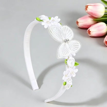 Tiara infantil branca com borboleta e flores aplicadas Vitrine Plaza