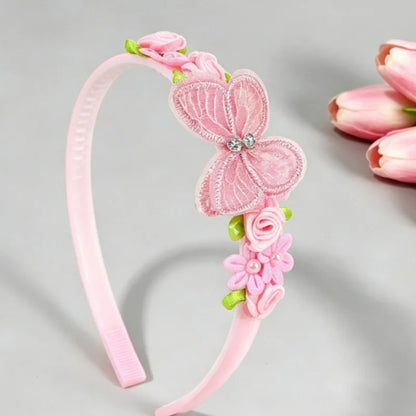 Tiara infantil rosa com borboleta e flores aplicadas Vitrine Plaza